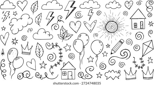 Una diversa colección de Elementos de doodle dibujados a mano que incluyen nubes, rayos, corazones, sol, casas, globos, hojas, coronas, estrellas y remolinos, perfectos para diversas aplicaciones creativas.