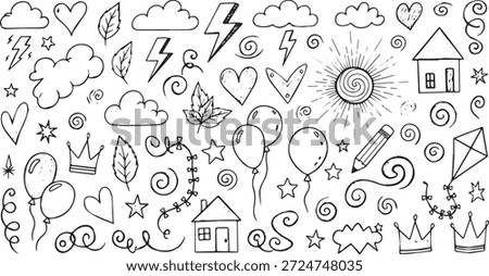 A diverse collection of hand-drawn doodle elements including clouds, lightning bolts, hearts, sun, houses, balloons, leaves, crowns, stars, and swirls, perfect for various creative applications.