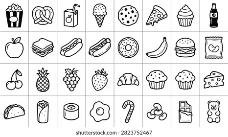 A diverse collection of hand-drawn doodle style icons representing various food and drink items.