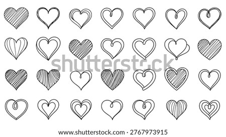 Diverse collection of hand-drawn heart outlines and shapes with varied textures, showcasing love and affection through simple artistic renditions.