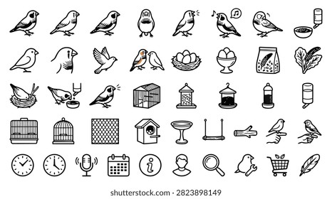 A diverse collection of hand-drawn icons featuring various birds, bird feeders, nests, and related items like clocks and calendars.