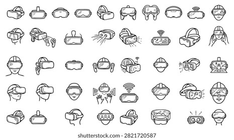 A diverse collection of hand-drawn icons and illustrations depicting various virtual reality headsets and their usage.
