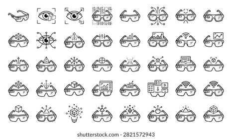 A diverse collection of hand-drawn icons representing virtual reality goggles, augmented reality headsets, and futuristic technology concepts.