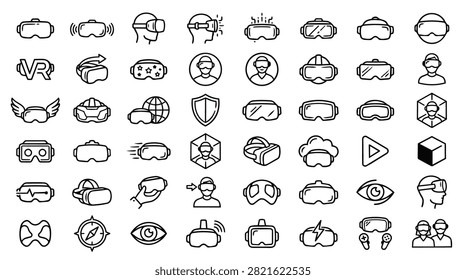 A diverse collection of hand-drawn icons representing virtual reality headsets and related technology elements.