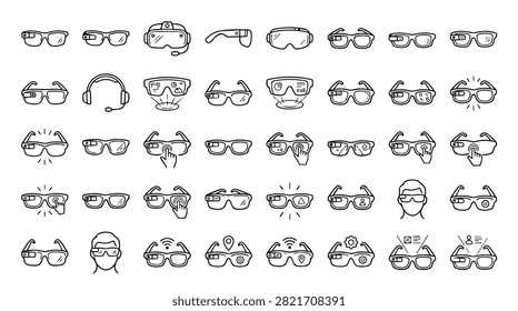 A diverse collection of hand-drawn icons representing various types of eyewear and goggles, including sunglasses and VR headsets.