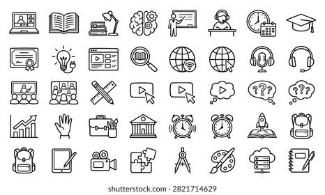 A diverse collection of hand-drawn icons representing education learning and knowledge acquisition concepts