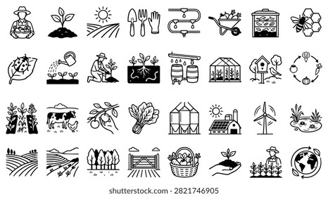 A diverse collection of hand-drawn icons representing various aspects of farming and agriculture, including plants, tools, and farm animals.