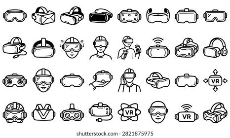 A diverse collection of hand-drawn icons representing various virtual reality headsets and goggles, showcasing different designs and styles.