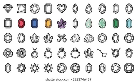 A diverse collection of hand-drawn icons representing various gemstones, crystals, and jewelry pieces.
