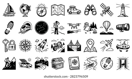A diverse collection of hand-drawn icons representing travel, adventure, and exploration, including vehicles, navigation tools, and destinations.
