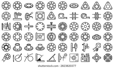 A diverse collection of hand-drawn icons representing various mechanical engineering components, tools, and fasteners used in industry and manufacturing.
