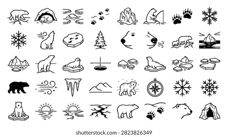A diverse collection of hand-drawn icons representing arctic animals, winter elements, and polar landscapes.