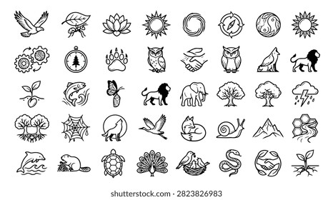 A diverse collection of hand-drawn icons representing nature, animals, and environmental elements in a simple line art style.