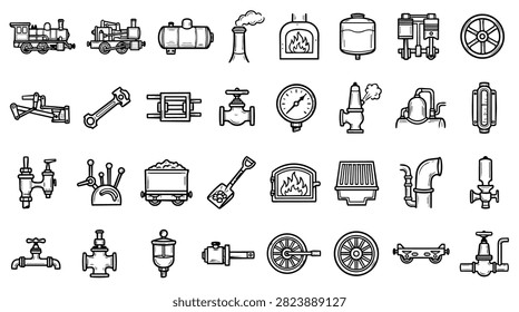 A diverse collection of hand-drawn icons representing various parts of steam engines and industrial machinery.