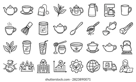 A diverse collection of hand-drawn icons representing tea items, beverages, and related concepts.