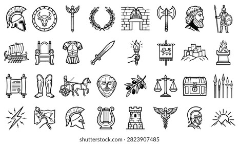 A diverse collection of hand-drawn icons representing ancient Greek and Roman culture, including helmets, weapons, and architectural elements.