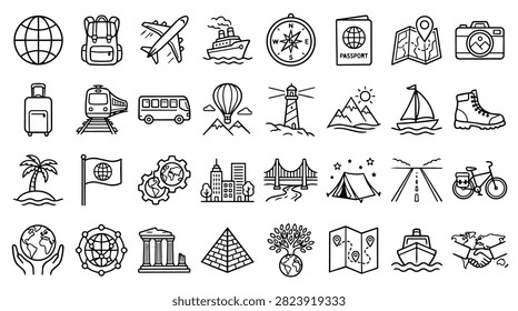A diverse collection of hand-drawn icons representing various aspects of travel and transportation.