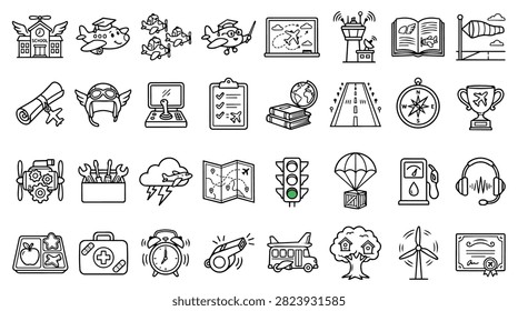 A diverse collection of hand-drawn icons representing aviation, travel, education, and industry elements.