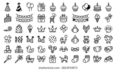 A diverse collection of hand-drawn icons representing birthday party elements and baby shower themes, including cakes, gifts, balloons, and toys.