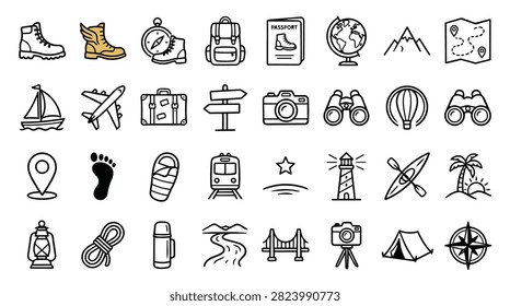 A diverse collection of hand-drawn icons representing travel, adventure, and exploration activities and objects.