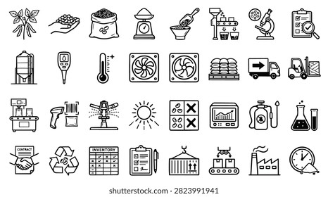 A diverse collection of hand-drawn icons representing industrial processes, agriculture, and scientific equipment.