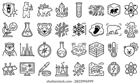 A diverse collection of hand-drawn icons representing science, nature, and research, featuring bears, crystals, and laboratory equipment.