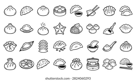 A diverse collection of hand-drawn icons representing various types of Asian dumplings and dim sum dishes.