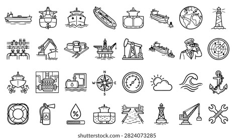A diverse collection of hand-drawn icons representing maritime industry, transportation, and related symbols.