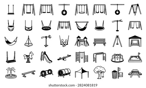 A diverse collection of hand-drawn icons representing various playground equipment and outdoor play structures.