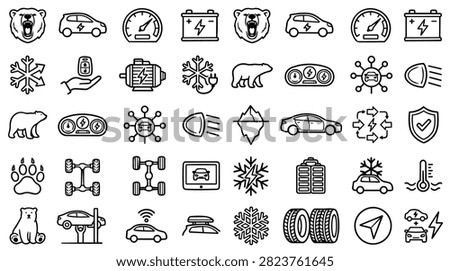 A diverse collection of hand-drawn icons representing automotive elements and winter conditions.