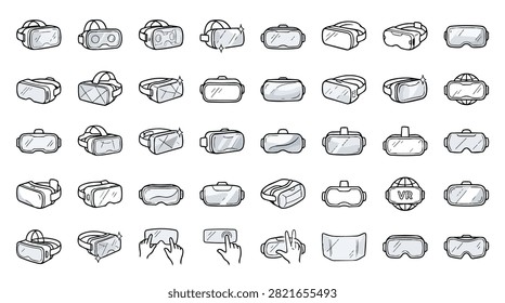 A diverse collection of hand-drawn illustrations depicting various virtual reality headsets and goggles, showcasing different designs and styles.