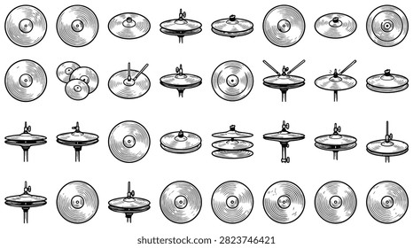 A diverse collection of hand-drawn illustrations featuring various types of cymbals and drum accessories, presented in a vintage sketch style.