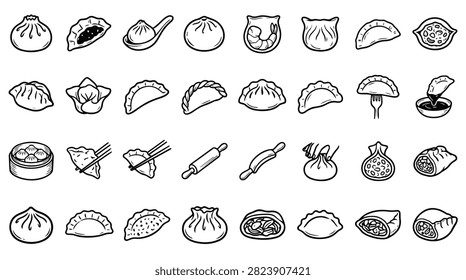 A diverse collection of hand-drawn illustrations featuring various types of dumplings and essential cooking tools for their preparation.
