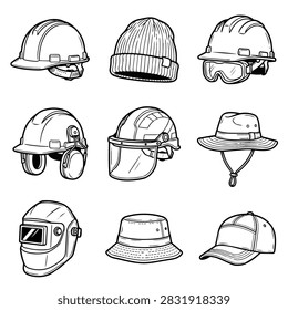 A diverse collection of hand-drawn illustrations featuring various types of headwear and protective gear for different professions and activities.