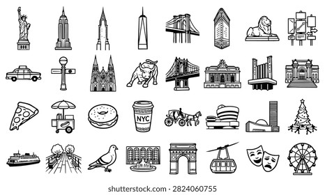 A diverse collection of hand-drawn illustrations representing famous New York City landmarks, symbols, and cultural elements.