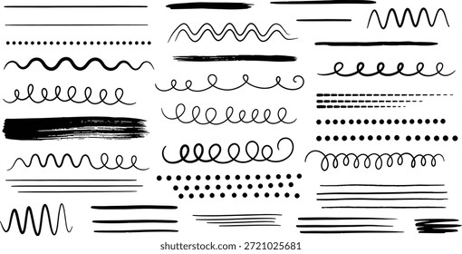 Uma coleção diversificada de linhas desenhadas à mão, rabiscos, pontos e traços de pincel, apresentados em preto sobre um fundo branco, oferecendo vários elementos decorativos e de design.