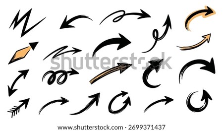 A diverse collection of hand-drawn, sketchy arrows in various styles and directions, perfect for design elements and pointers.