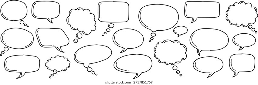 A diverse collection of hand-drawn speech bubbles and thought balloons in various shapes and sizes, perfect for communication and dialogue concepts.