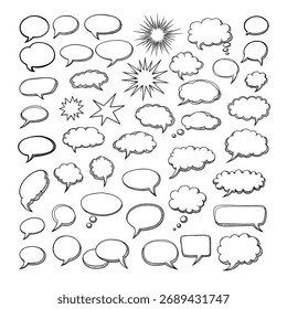 A diverse collection of hand-drawn speech and thought bubbles in various shapes and sizes.