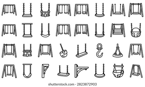 A diverse collection of hand-drawn swing illustrations showcasing different styles and configurations for playgrounds.