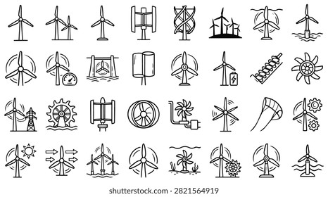 A diverse collection of hand-drawn vector icons representing various wind turbines and wind power concepts.