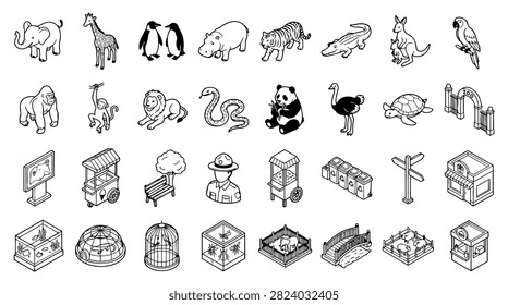 A diverse collection of hand-drawn zoo animals and related elements presented in a clean, illustrative style.