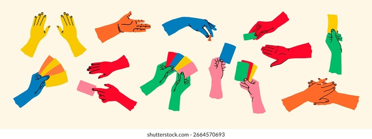 Uma coleção diversificada de mãos em vários gestos criativos. Braços humanos ativamente segurando, gestando e comunicando através de pistas visuais.