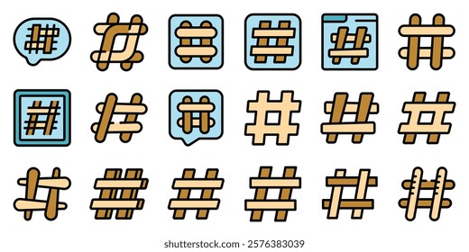 Diverse collection of hashtag icons representing social media trends, discussions, and online community engagement