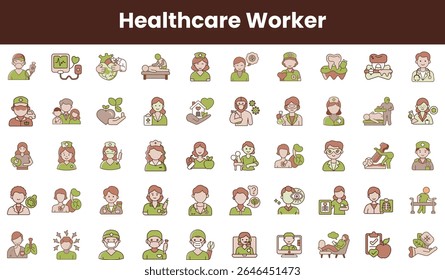 Uma coleção diversificada de ícones de profissionais de saúde que exibem várias profissões, incluindo médicos, enfermeiros e terapeutas, em um estilo caloroso e ilustrativo.