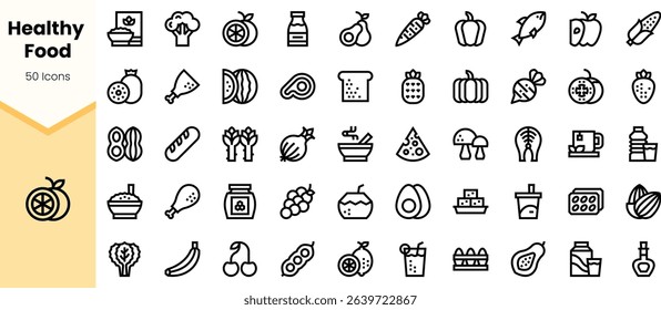 A diverse collection of healthy food icons, featuring various fruits, vegetables, and nutritious items. Ideal for health-related graphics and infographics.