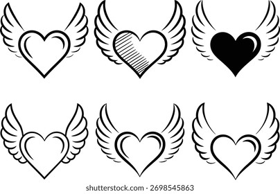 Uma coleção diversificada de formas de coração adornadas com asas, incorporando temas de amor, liberdade e voo, apresentados em vários estilos e desenhos artísticos.