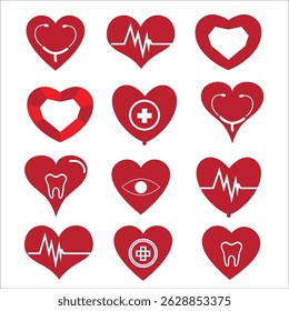 A diverse collection of heart-shaped stickers, each featuring a distinct medical or health-related symbol such as a stethoscope, heartbeat line, eye, tooth, medical cross, 