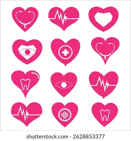 A diverse collection of heart-shaped stickers, each featuring a distinct medical or health-related symbol such as a stethoscope, heartbeat line, eye, tooth, medical cross, 