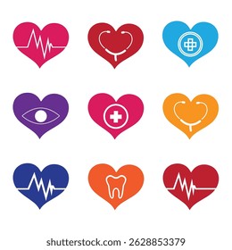 A diverse collection of heart-shaped stickers, each featuring a distinct medical or health-related symbol such as a stethoscope, heartbeat line, eye, tooth, medical cross, 